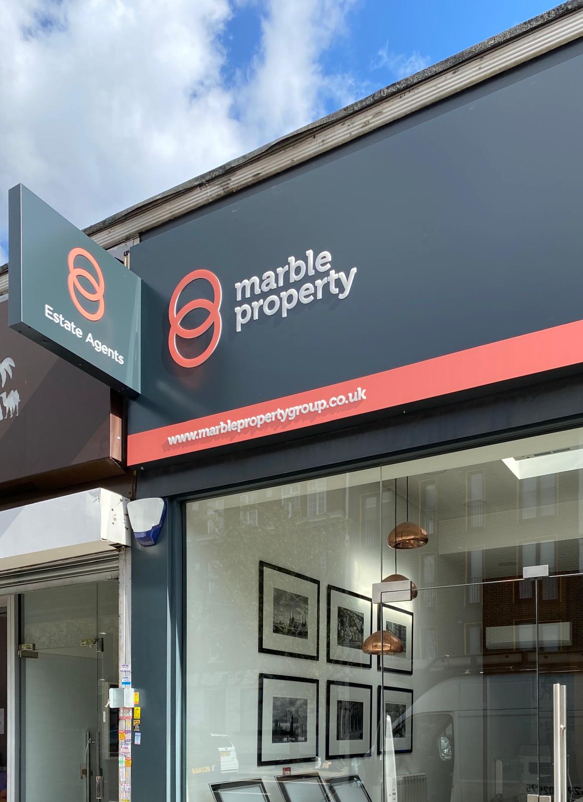 Estate agent fascia sign and projecting sign in London kalay creative